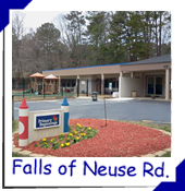 Primary Beginnings on Falls of Neuse Road is a 5-star preschool and child care center in Raleigh. The building's exterior is pictured here. 