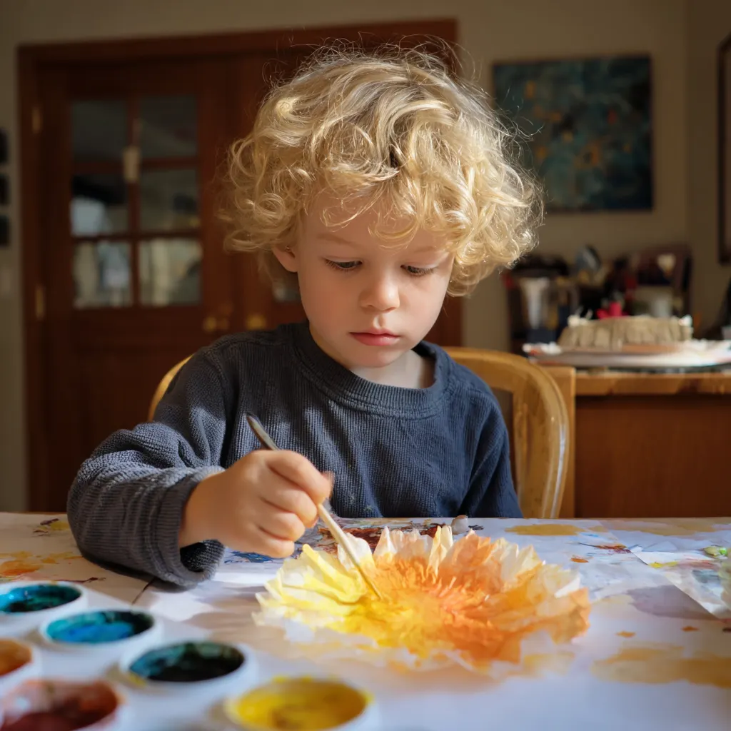 A preschooler colors a coffee filter yellow and orange.