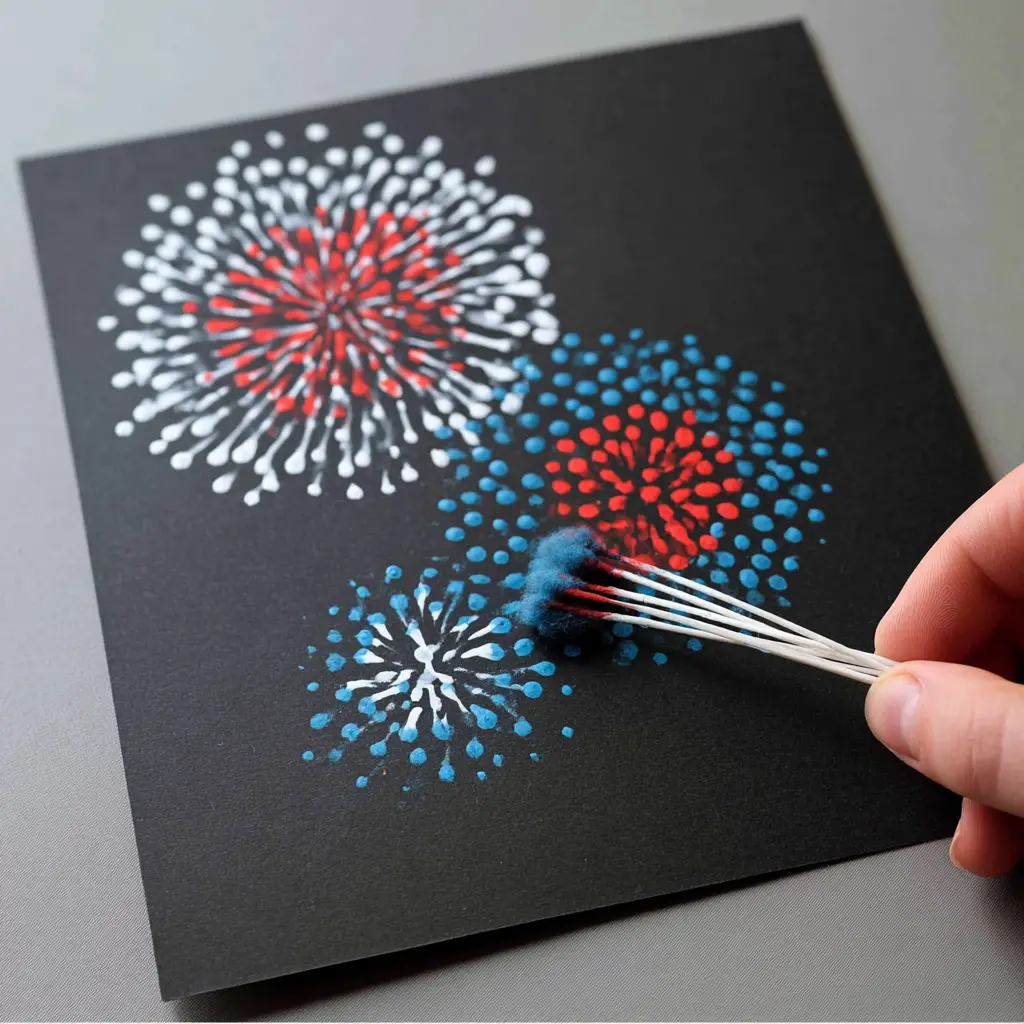 red, white and blue dots on paper to create fireworks, one of the best 4th of july crafts for preschoolers