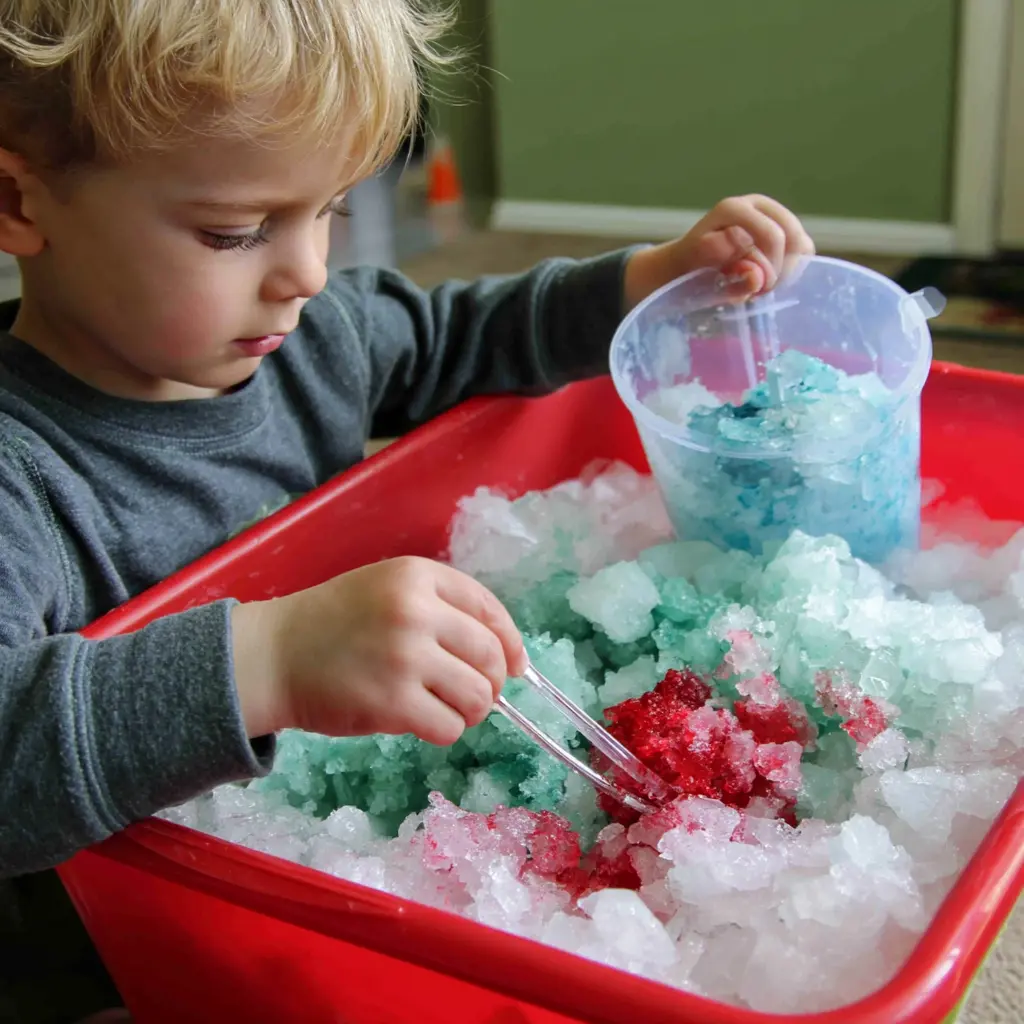 a child adding red and blue food coloring to ice in a red bin, representing one of the most loved daycare 4th of july crafts for toddlers