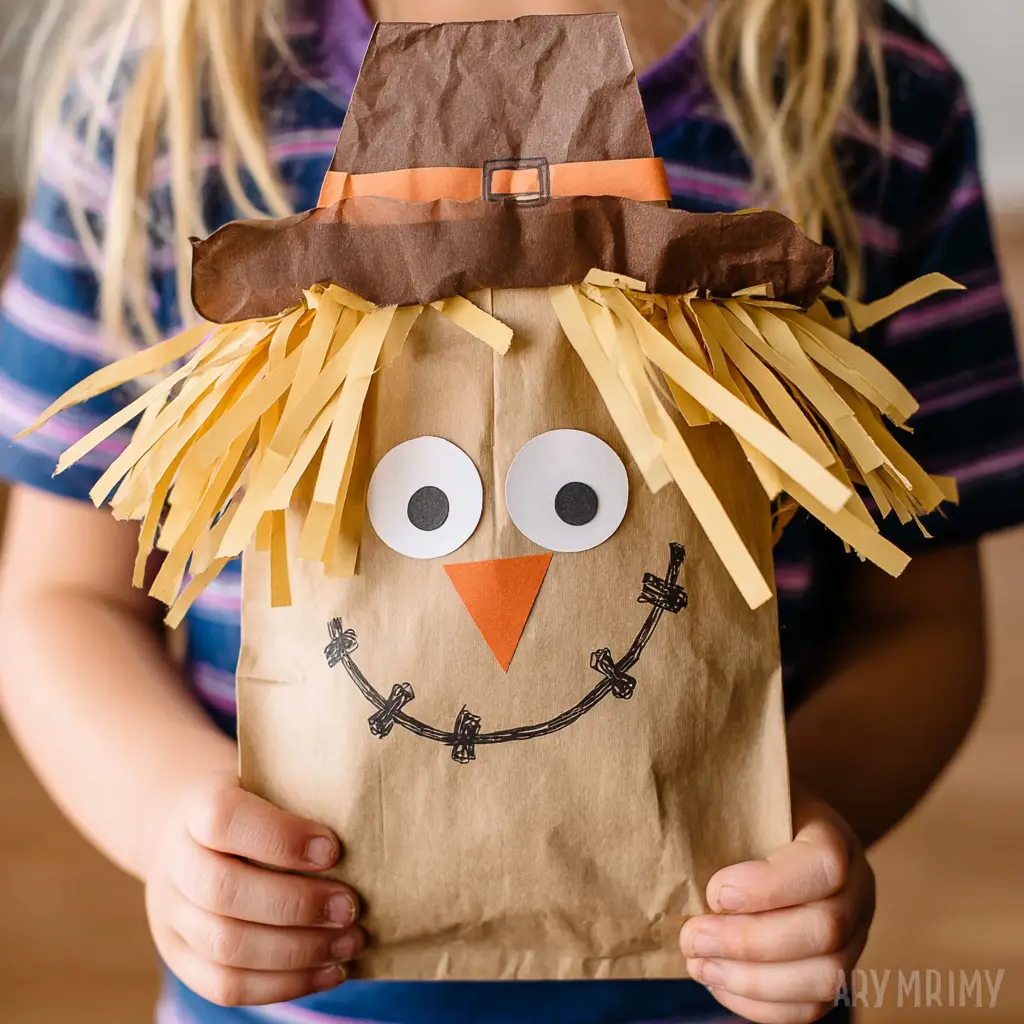 A paper bad decorated to look like a scarecrow.