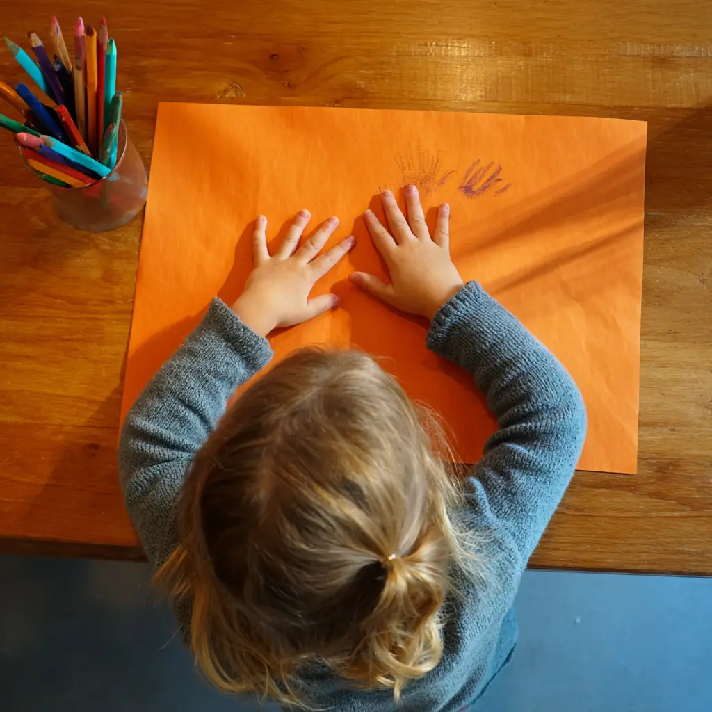 A young girl puts her hands on orange paper to trace them.