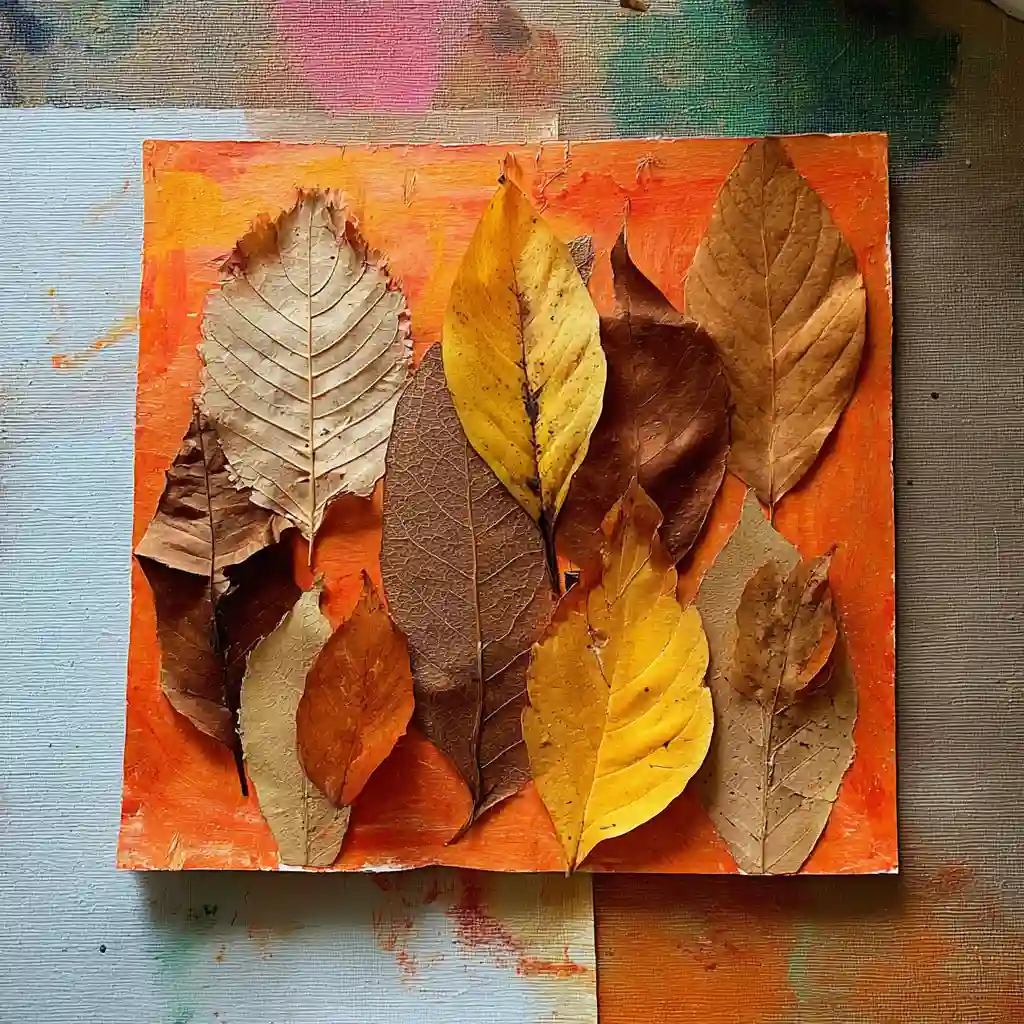 A leaf collage of leaves glued on orange paper.