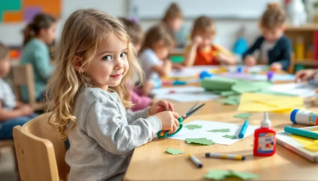 A preschooler cuts out shapes from construction paper.