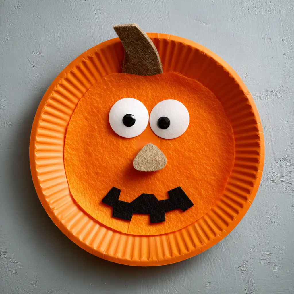 An orange pate that's been decorated like a pumpkin. This is one the most loved fall crafts for preschoolers.