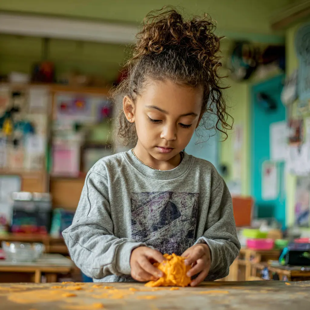 A young girl plays with playdough in a classroom.