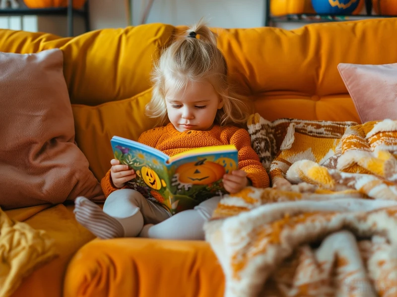 Young girl sitting and reading a Halloween book. halloween books for preschoolers