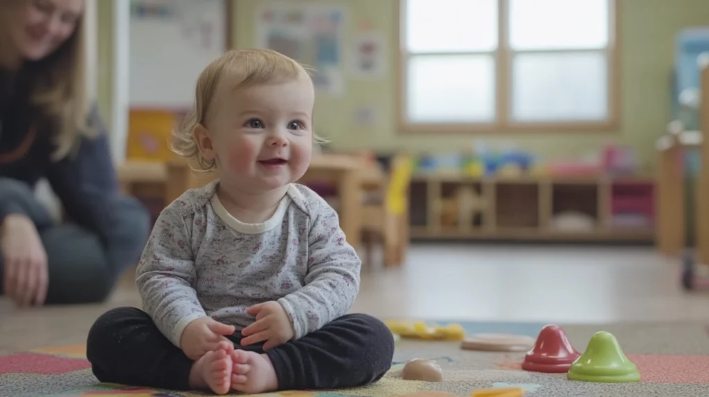 Infant smiling in a classroom. infant day care raleigh nc, infant care, infant care near me, infant care raleigh, raleigh infant care.