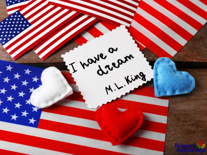 Small American flags with felt hearts and a note that says "I have a dream - M.L. King" for the blog titled "Martin Luther King Jr. Preschool Activities
