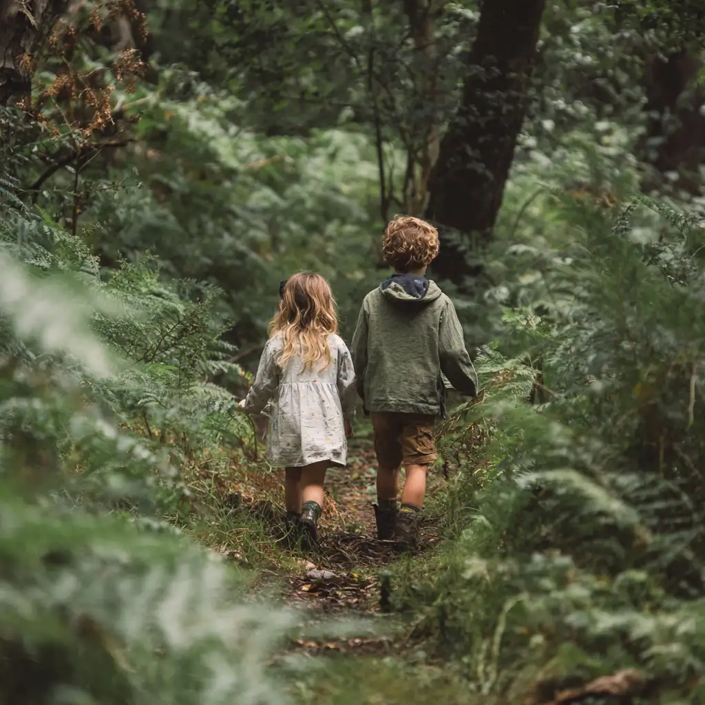 Two children walking in the woods to enjoy nature stem activities