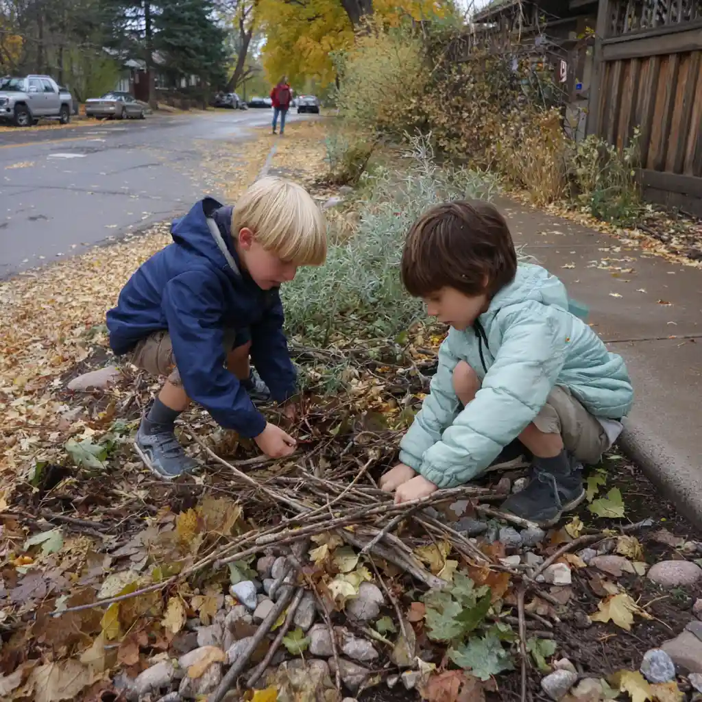 Two boys collecting sticks as part of outdoor stem activities preschoolers