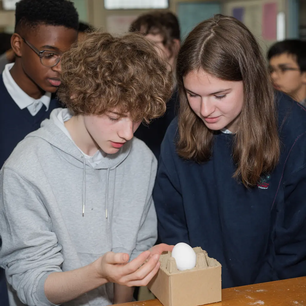 Students designing a cushioned box to protect an egg from breaking when dropped. 