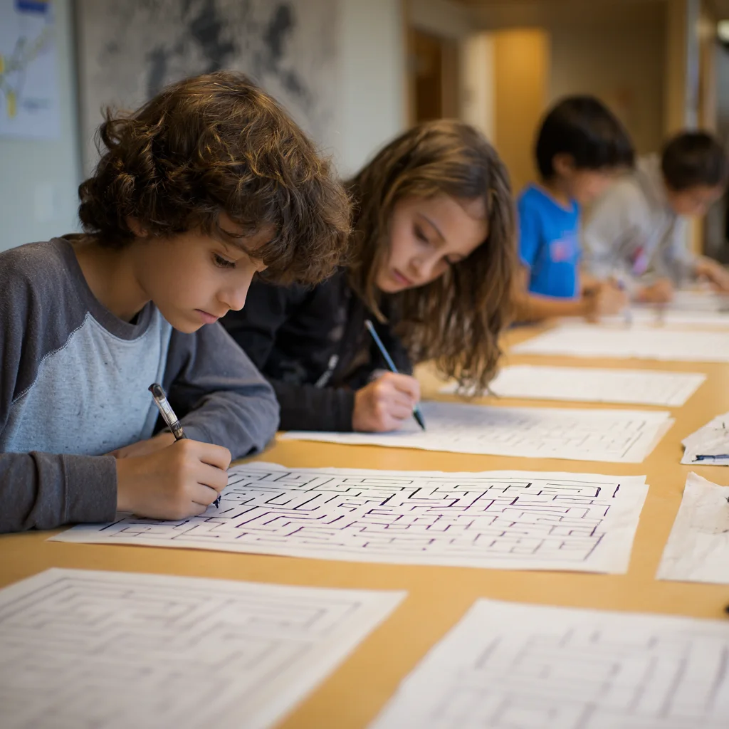 Children drafting a maze on paper before enjoying outdoor stem activities