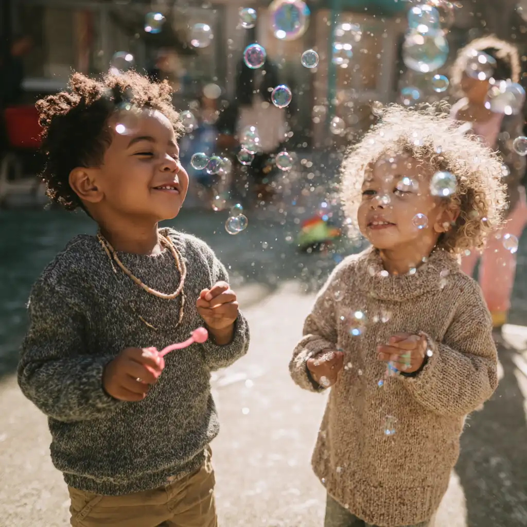 Two toddlers playing with bubbles outside. 