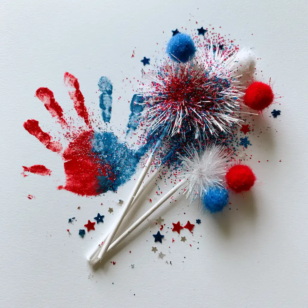 red and blue hand prints on paper decorated with pom-poms, a loved preschool 4th of july crafts