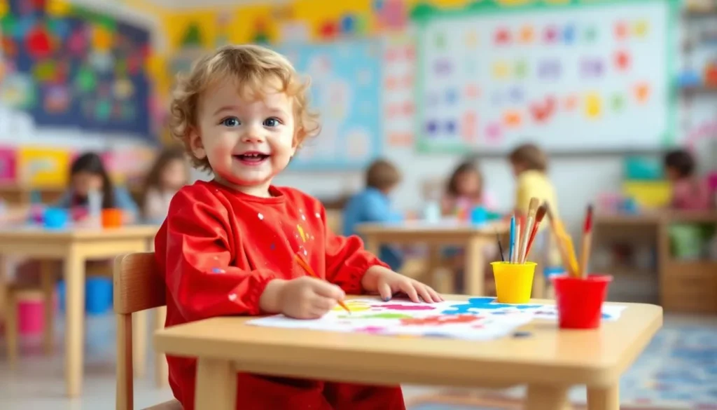 A young child participates in preschool fall crafts.