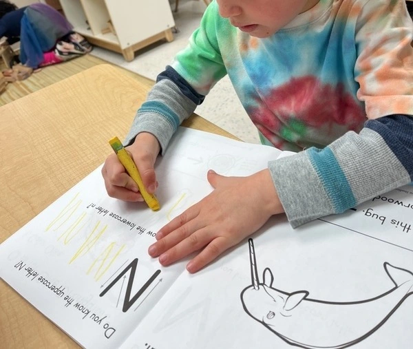 A young child traces the letter N. This demonstrates problem solving for preschoolers via writing.
