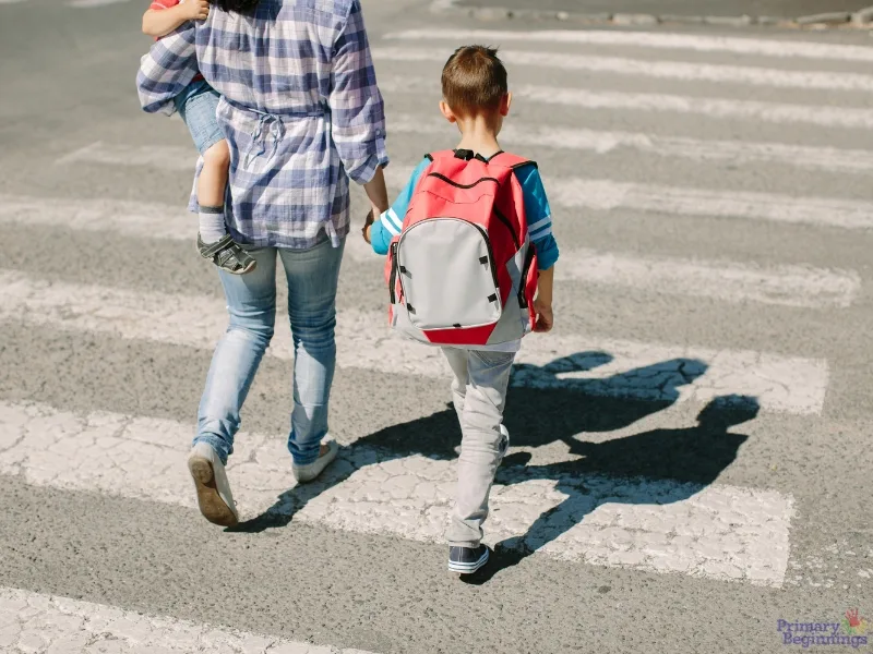 A mom holds her son's hand as they cross a road. This image complements the post addressing road safety activities for preschoolers and road safety for kids in general.