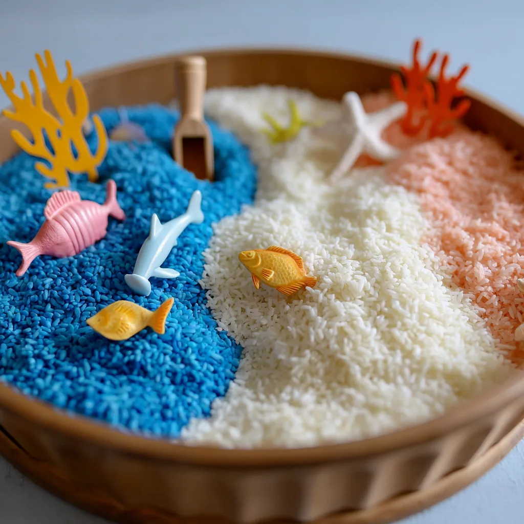 An ocean rice bin highlighting highlighting sensory play for toddlers, sensory activities for toddlers. toddler sensory activities, sensory activities.