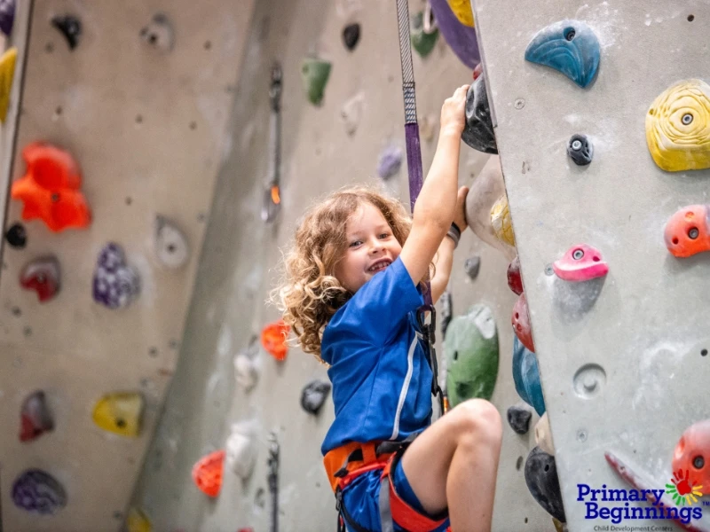 A young girl climbing a rock wall. This image accompanies the blog titled, "Sports activities for Preschoolers and Toddlers."