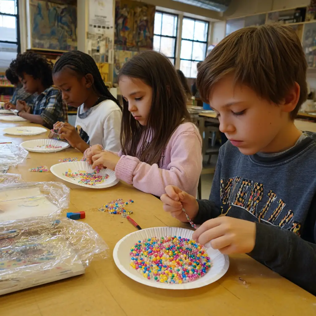 Children crafting with beads, one of the stem activities preschoolers enjoy.