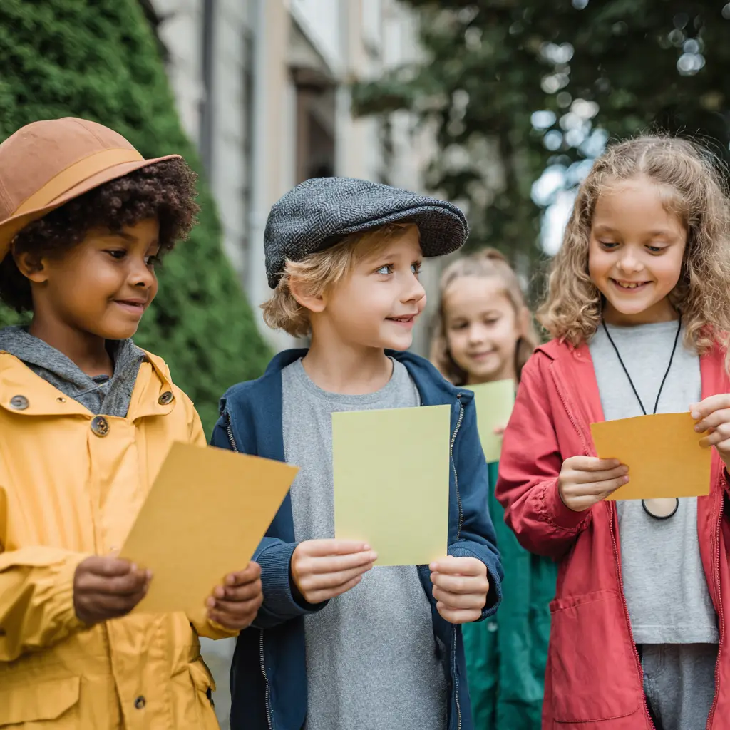 Children doing stem outdoor activities, holding notecards as clues. 