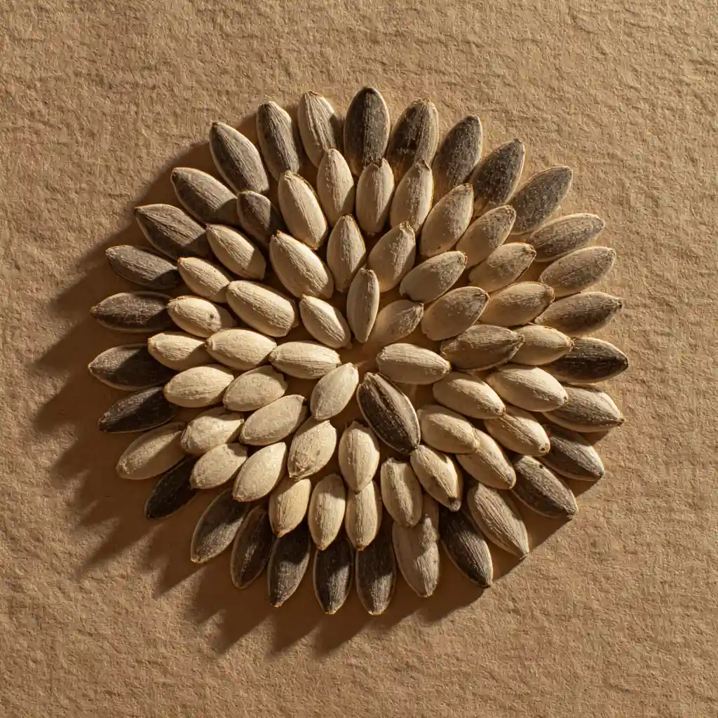 sunflower seeds on construction paper shaped in a way that resembles a flower