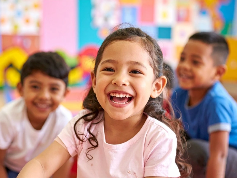 Three preschoolers laughing in a classroom. Imagine complements the blog, tk vs. pre k learning.