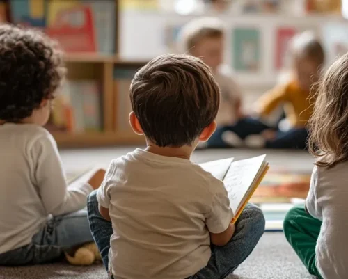 Toddlers reading in a circle. toddler day care, toddler care, toddler daycare, toddler program, childcare for toddlers.